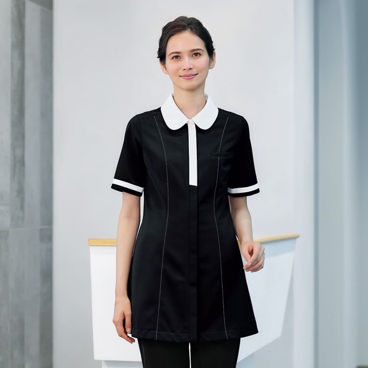 【エステ制服 ジャケット】マリークワント・ニット素材「上品な丸衿」ストレッチ 5～17号 / ブラック（CHSM13411）