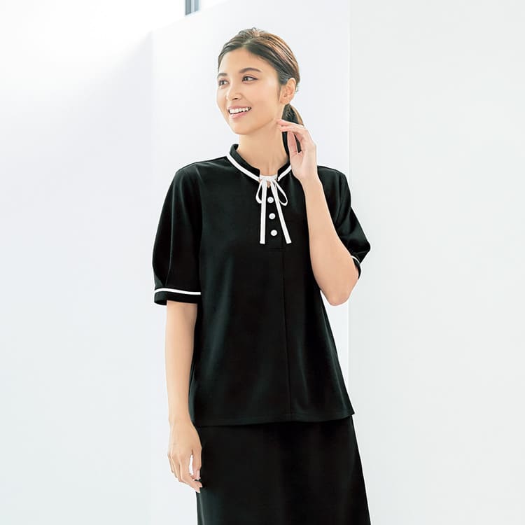 【オフィス制服 ポロシャツ】レディース用・ニット素材「リボン付き」マリークワント S～3L / ネイビー ブラック（CHSM1311）