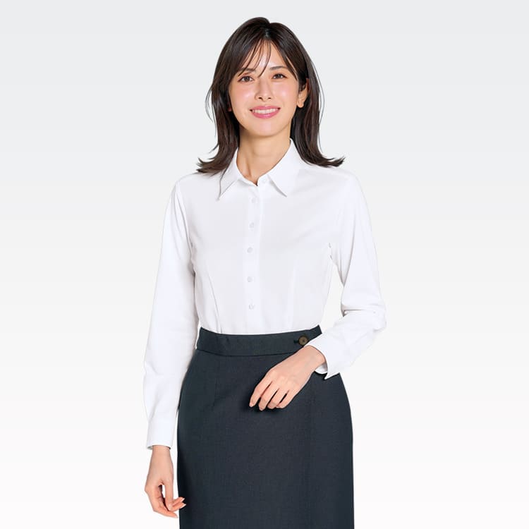 【事務服 ブラウス長袖】ニット素材「速乾 ノーアイロン」ストレッチ 5～17号 / ホワイト（CHSAR1488）