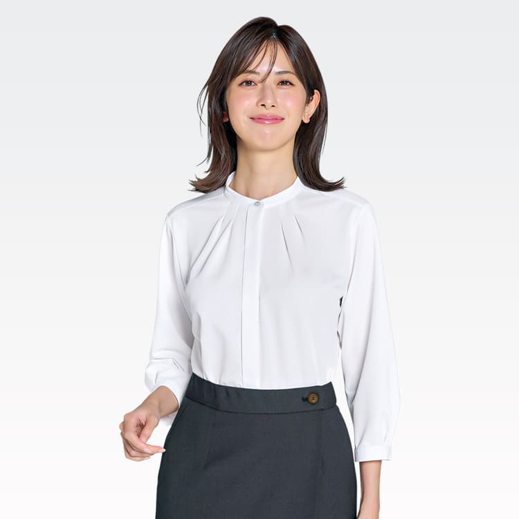 【接客制服 ブラウス七分袖】バンドカラー「タックデザイン」ノーアイロン S～3L / ホワイト（CHSAR1586）