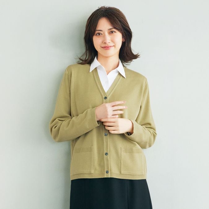 【事務服 カーディガン 】毛玉防止加工「ウール30%配合 人気の定番カーディガン」帯電防止 7号～15号 / 6色 (YASU1900)