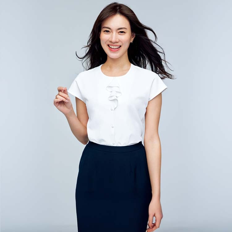 【オフィス制服 ブラウス 】夏服「おしゃれなフレンチスリーブブラウス」透け防止 5号～19号 / 3色 (YASU81851)