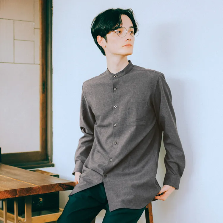 FRAMeWORK 長袖 バンドカラーシャツ ダークグレー バンドカラーシャツ 長袖｜オニベジ・制菌素材・カフェ制服や物販