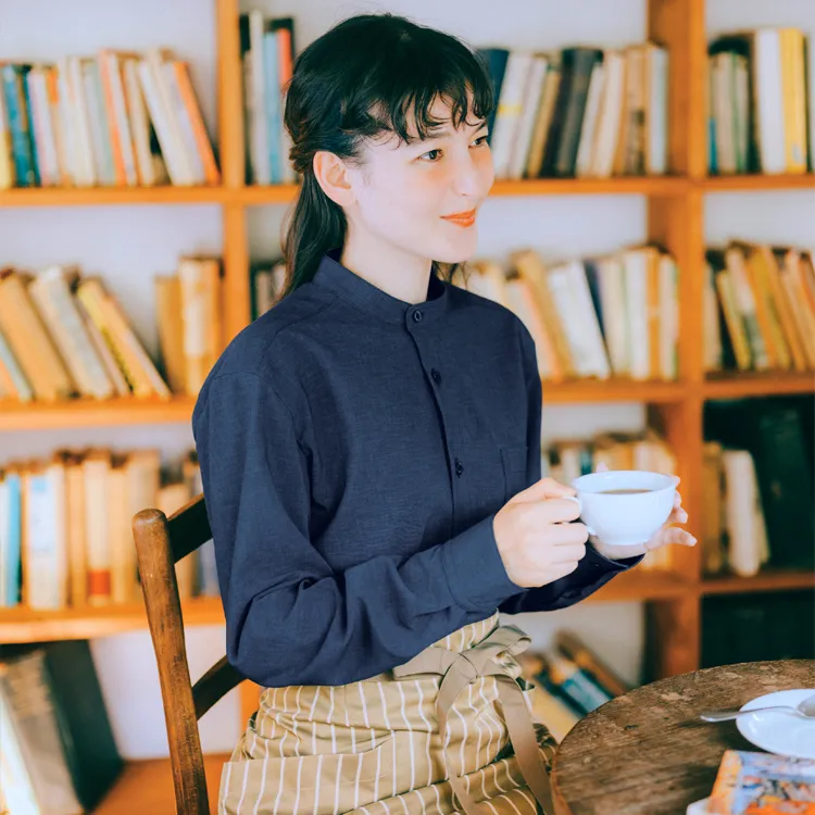バンドカラーシャツ 長袖｜オニベジ・制菌素材・カフェ制服や物販