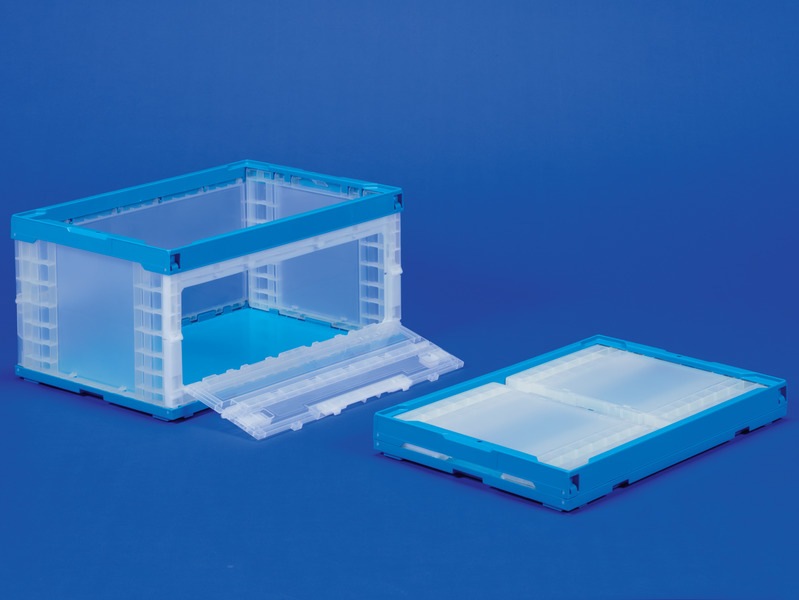 三甲 折りたたみコンテナ オリコンラックP75B-S 長側扉有 透明／ブルー