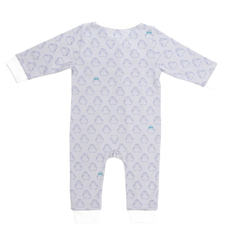 BiNKi カバーオール( 長袖足付きロンパース） オーガニックコットン100%  ビンキペンギン柄 グレー オランダ発のダッチデザイン Jumpsuit XS/S/M/L