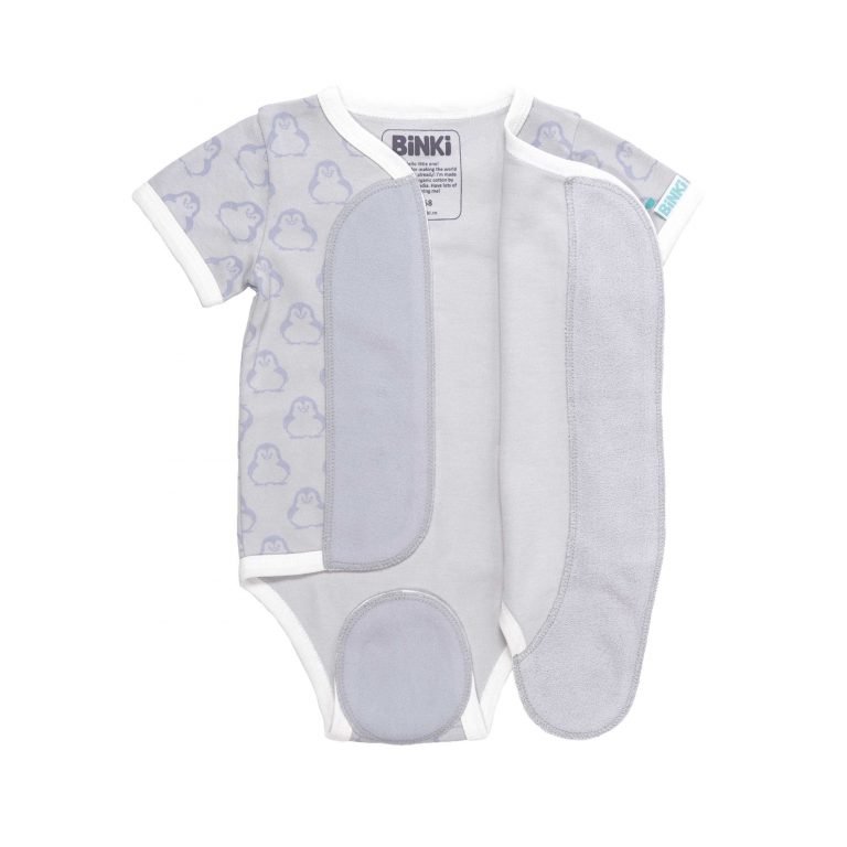 BiNKi 半袖 着物ロンパース オーガニックコットン100% ビンキペンギン柄 グレー オランダ発のダッチデザイン Kimono romper short sleeve S/M