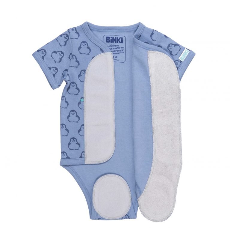 BiNKi 半袖 着物ロンパース オーガニックコットン100% ビンキペンギン柄 ブルー オランダ発のダッチデザイン Kimono romper short sleeve S/M
