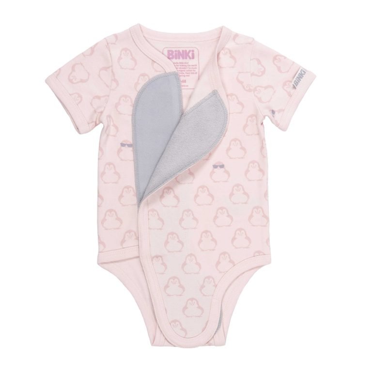 BiNKi 半袖 着物ロンパース オーガニックコットン100% ビンキペンギン柄 ピンク オランダ発のダッチデザイン Kimono romper short sleeve  S/M