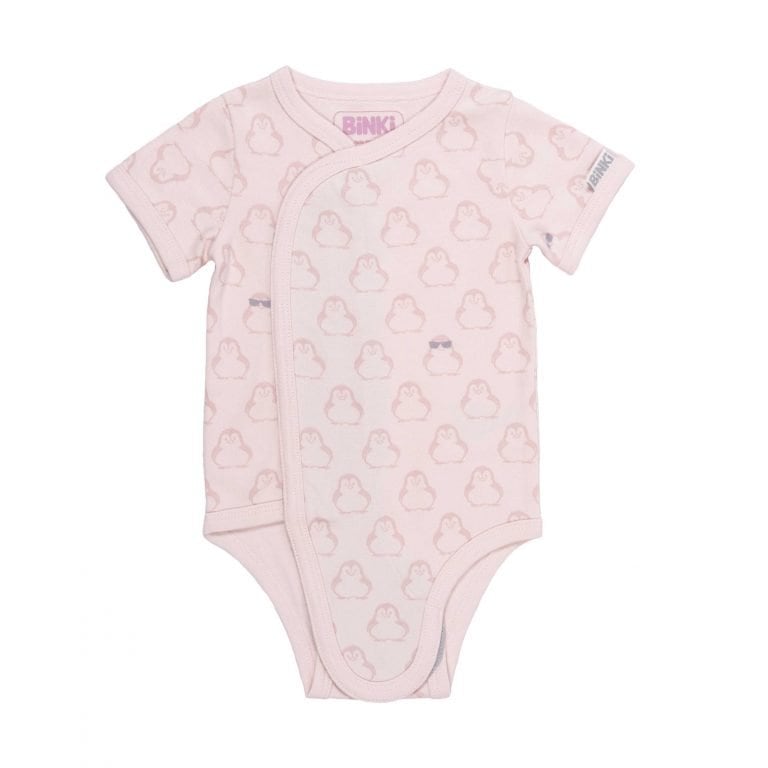BiNKi 半袖 着物ロンパース オーガニックコットン100% ビンキペンギン柄 ピンク オランダ発のダッチデザイン Kimono romper short sleeve S/M