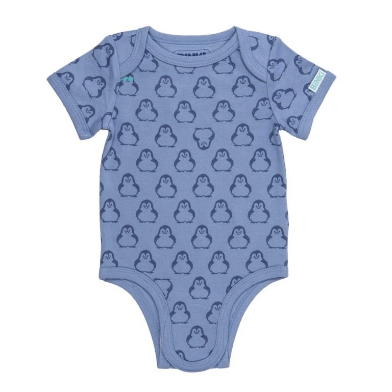 BiNKi 半袖ロンパース オーガニックコットン100% ビンキペンギン柄 ブルー オランダ発のダッチデザインShort sleeve romper M/L/XL