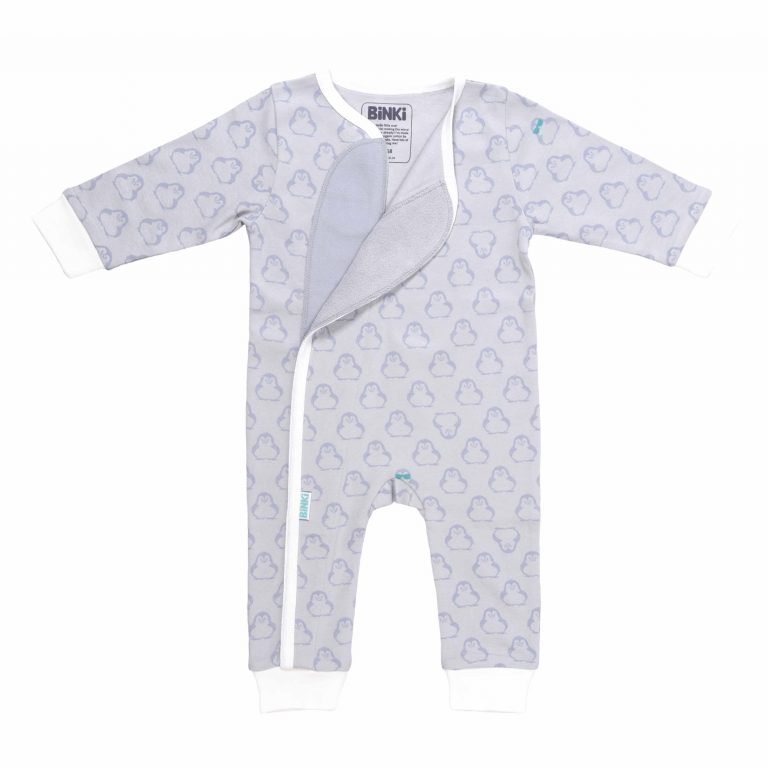 BiNKi カバーオール( 長袖足付きロンパース) オーガニックコットン100% ビンキペンギン柄 グレー オランダ発のダッチデザイン Jumpsuit XS/S/M/L