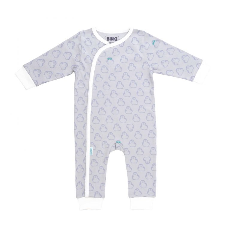 BiNKi カバーオール( 長袖足付きロンパース) オーガニックコットン100% ビンキペンギン柄 グレー オランダ発のダッチデザイン Jumpsuit XS/S/M/L