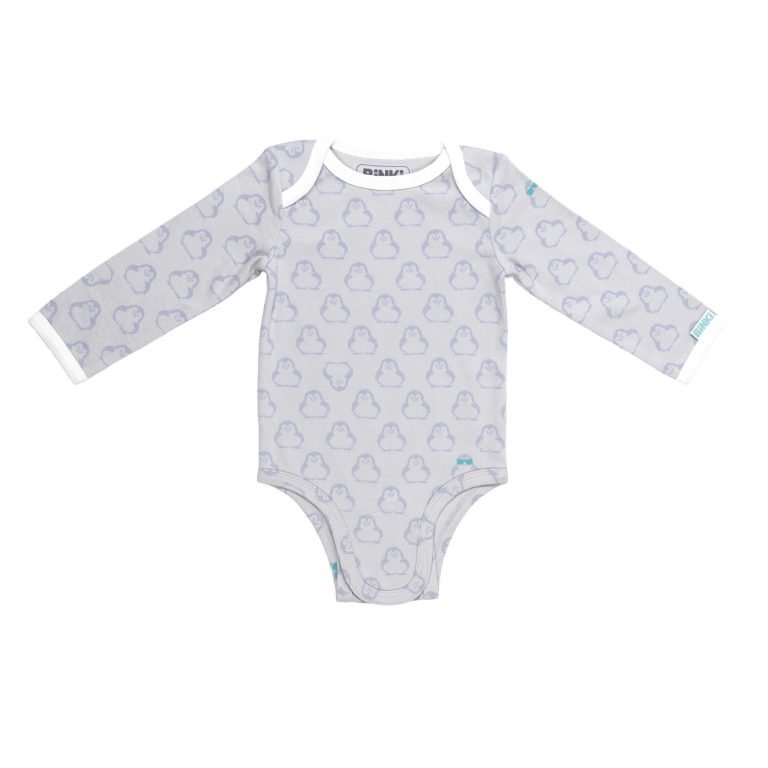 BiNKi 長袖ロンパース オーガニックコットン100% ビンキペンギン柄 グレー オランダ発のダッチデザイン Long sleeve romper M/L/XL