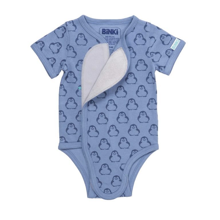 BiNKi 半袖 着物ロンパース オーガニックコットン100% ビンキペンギン柄 ブルー オランダ発のダッチデザイン Kimono romper short sleeve S/M