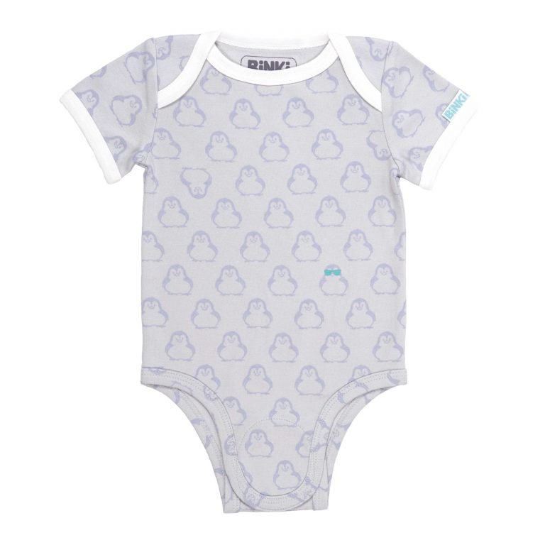BiNKi 半袖ロンパース オーガニックコットン100% ビンキペンギン柄 グレー オランダ発のダッチデザイン Short sleeve romper M/L/XL
