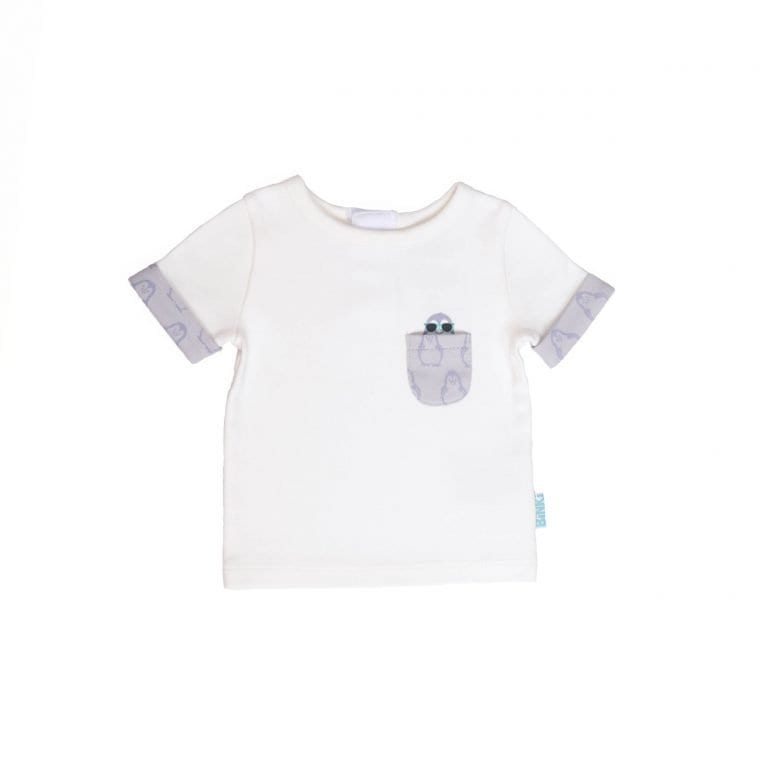 BiNKi ポケット付き半袖Tシャツ ひょっこりペンギン オーガニックコットン100% ビンキペンギン柄 ホワイト オランダ発のダッチデザイン T-shirt penguin in the pocket S/M/L
