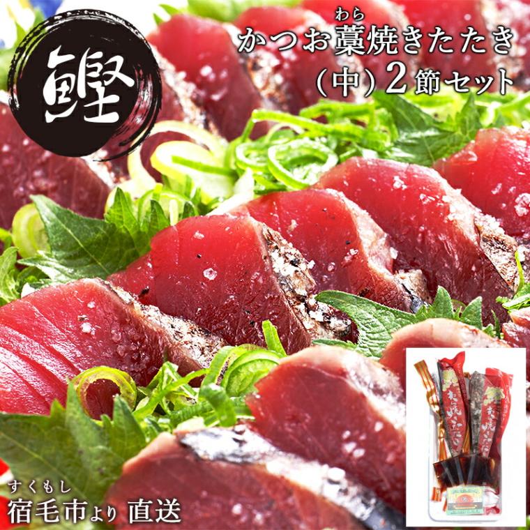 【土佐高知 沖の島水産】 かつお藁焼きたたき (中) 2本セット 冷凍 約300g×2節 特製ぽん酢付き