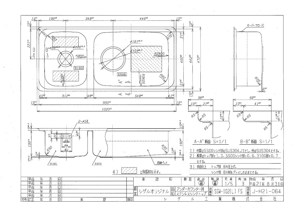 シゲル工業　SSW-102　※専用排水セット付　アンダーシンク　ステンレスシンク shigeru