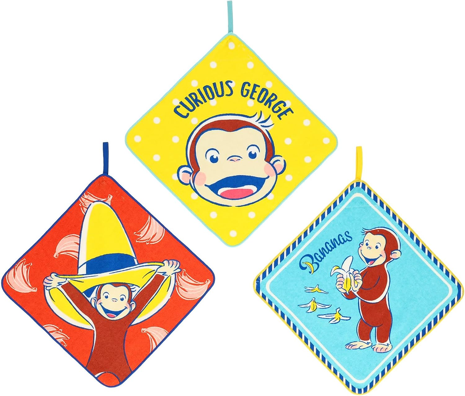 【おさるのジョージ】ループ付きタオル3枚組（カラフルスマイルジョージ）4765034800　入学入園新学期準備