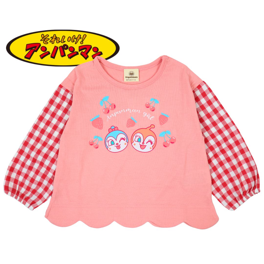 秋冬 アンパンマンベビー 天竺 ドキンコキン 裾スカラップ 長袖Tシャツ チェック袖 90cm／95cm／100cm　ベビー服　子供服  長袖