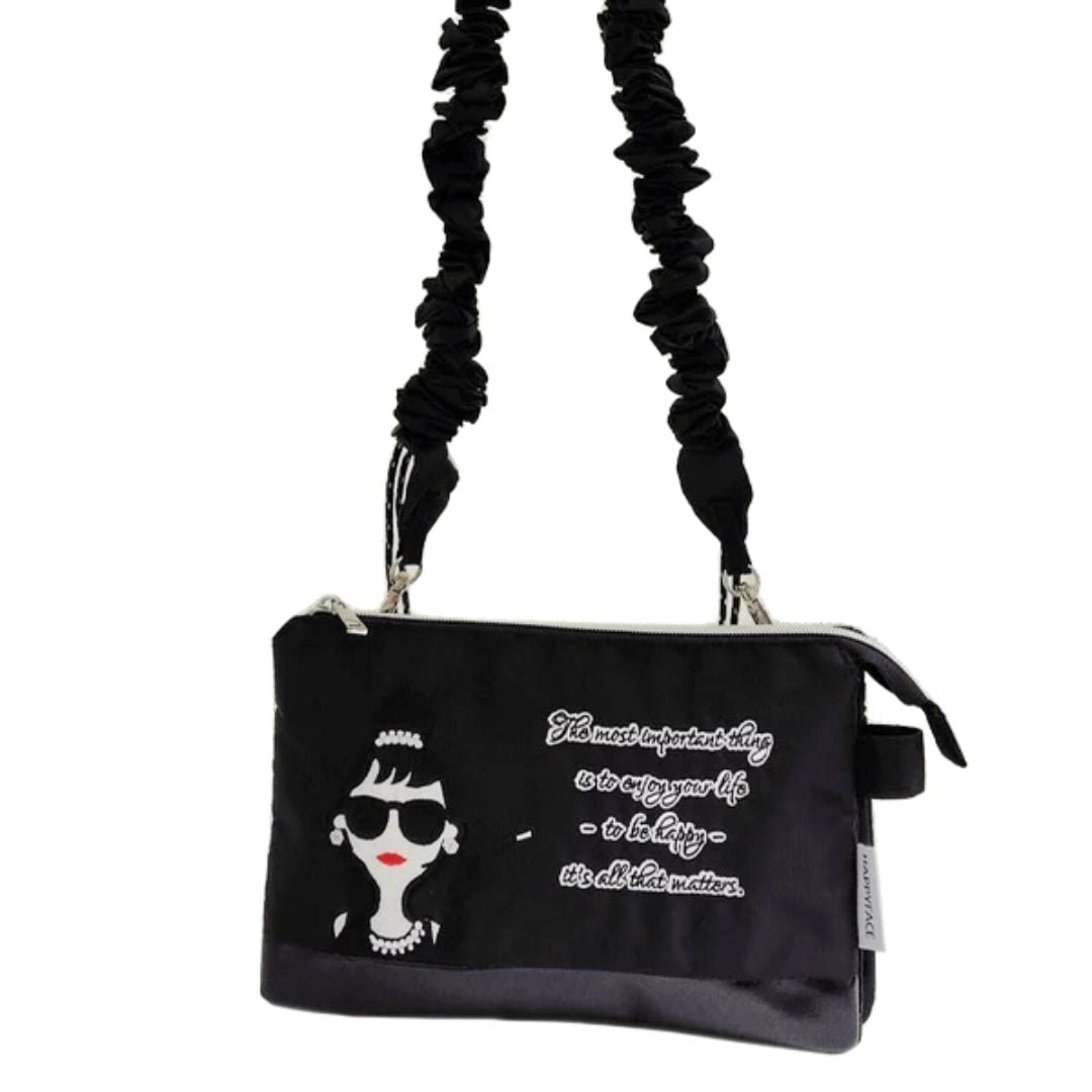 happy faceハッピーフェイス レディエマ刺繍 クラッチバッグ レディース 3室収納 ショルダー付き クシュクシュデザイン