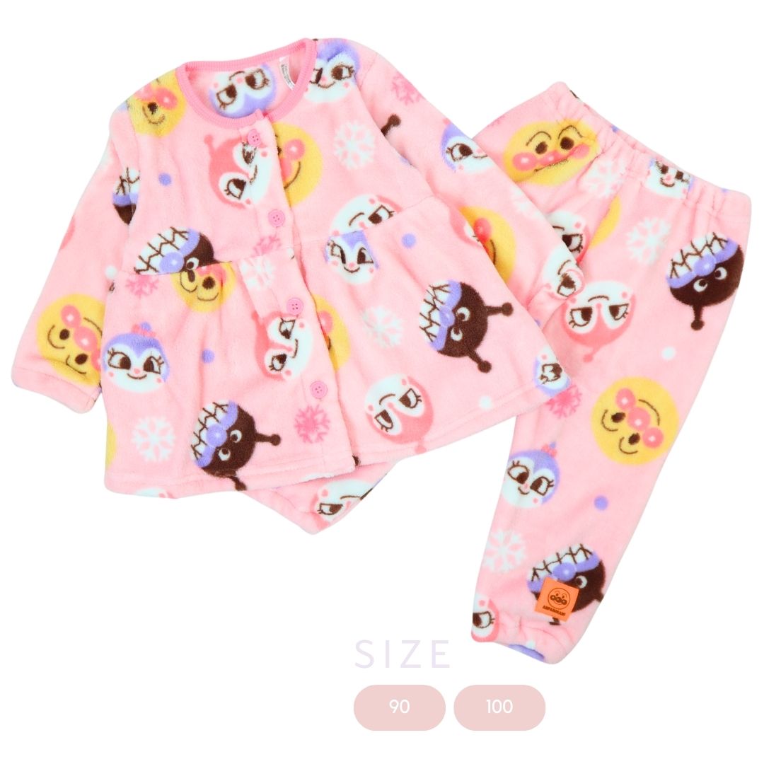 アンパンマン あったかフリース 総柄 パジャマ ピンク 前開き 女児