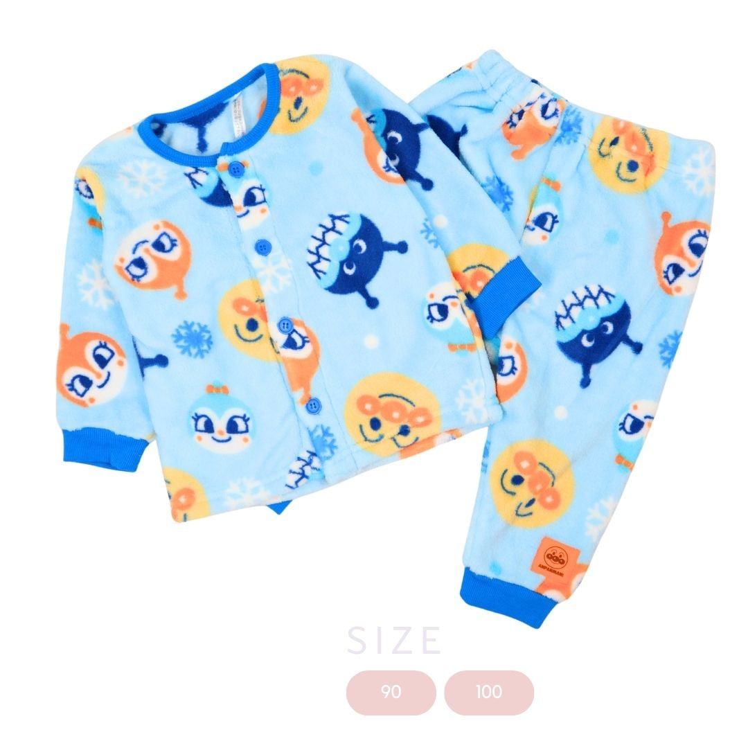 アンパンマン あったかフリース 総柄 パジャマ サックス 前開き 男児 ベビー服 長袖