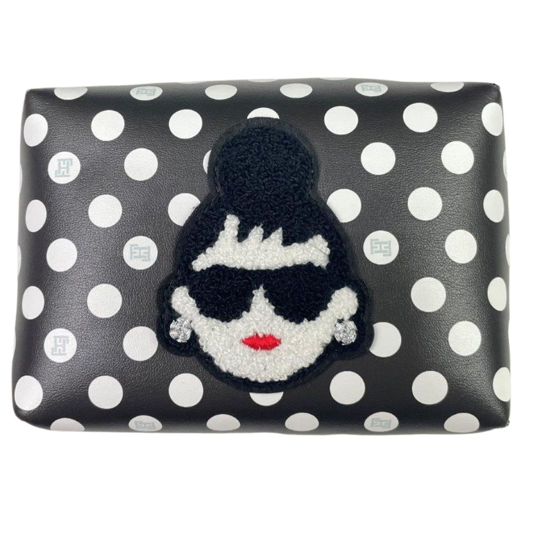 HAPPY FACE EMMAちゃんポーチ ハッピーフェイス レディエマ刺繍ワッペン PUレザーポーチ 自立型 化粧ポーチ コスメポーチ レディース