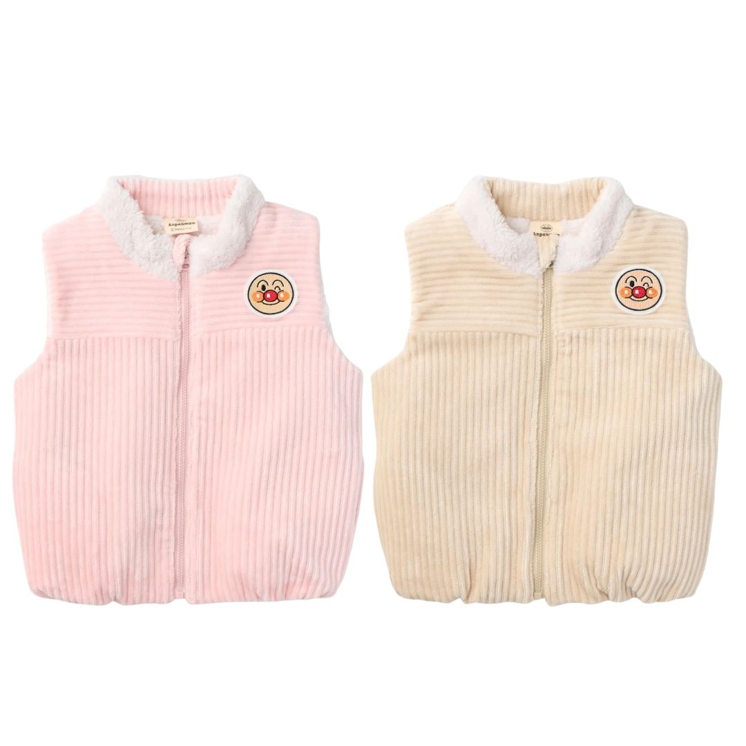 アンパンマン ニットコーデュロイ ベスト ベビー ボア 刺しゅうワッペン 80/90/95/100cm ピンク ベージュ