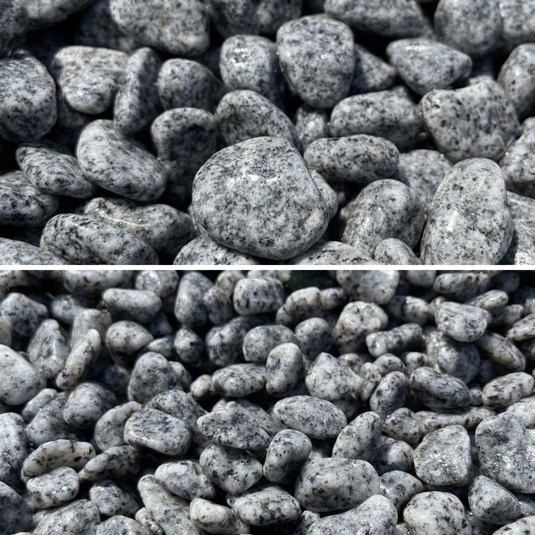 国産庵治(あじ)玉石20kg　5サイズ(5mm～50mm)「斑 (ふ)」が美しい「花崗岩のダイヤモンド」日本一高価な石　20KG