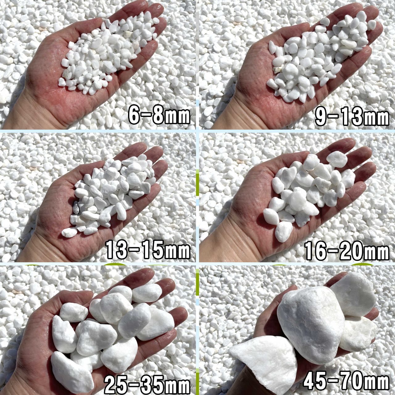 B-Sホワイト 玉砂利（白砂利）白玉砂利　6サイズ（約6～8/9～13/13～15/16～20/25～35/45～70ｍm）