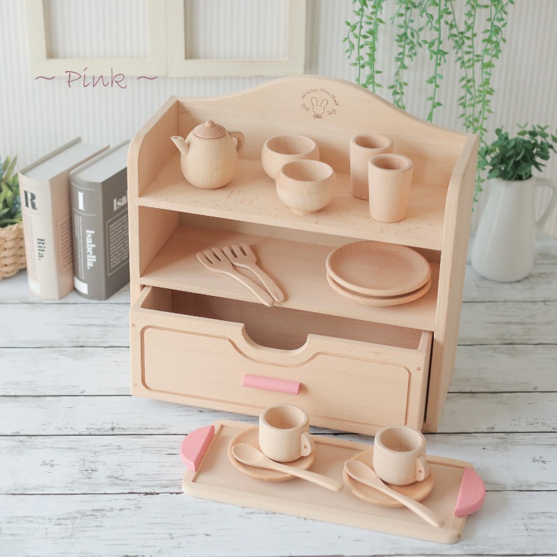 OUTLET　名入れ付き・カラーが選べる！ミニままごとセット〈食器A〉《包装不可*専用BOX》  (木のおもちゃ　ままごと)