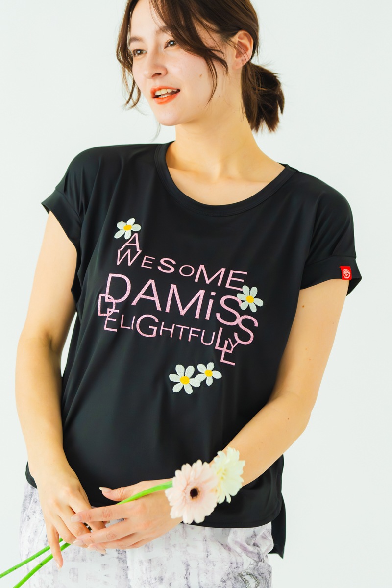 フラワー刺繍タックＴシャツ  ブラック　1534-1606