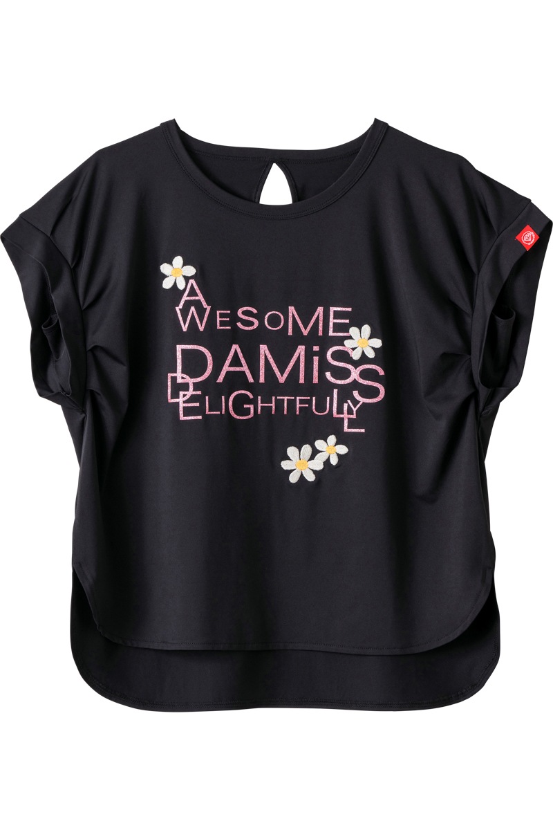 フラワー刺繍タックＴシャツ  ブラック　1534-1606