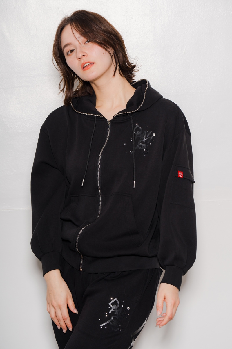 ラインストーンジップUPパーカー ブラック 1535-1424