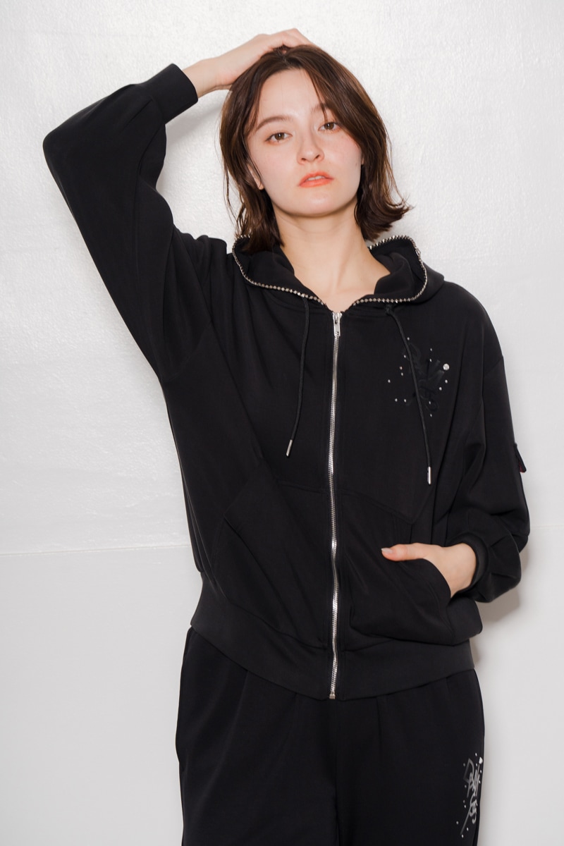 ラインストーンジップUPパーカー ブラック 1535-1424