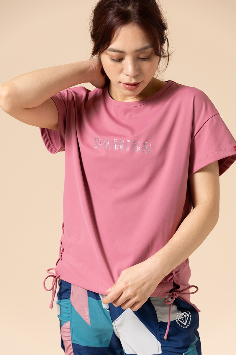 【関税込み】VETEMENTS ピンク Paris ラインストーン Tシャツ ラインストーンレースアップTシャツ ピンク 1434-1409 | D SHOP