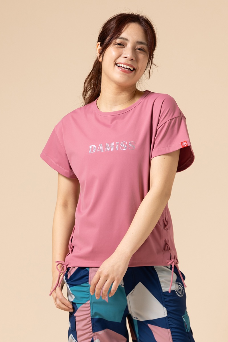 Treat urself トレーナー ラインストーン ピンク ラインストーンレースアップTシャツ ピンク 1434-1409 | D SHOP