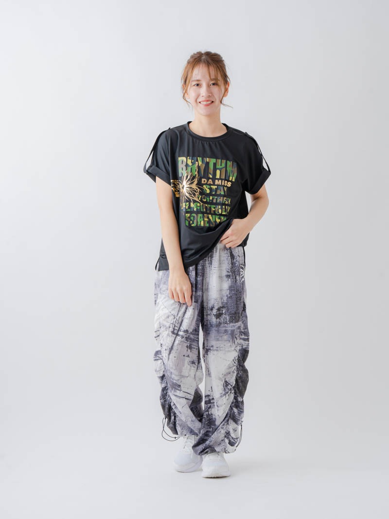 Airyシャーリングプリントパンツ  ブラック  1632-1801