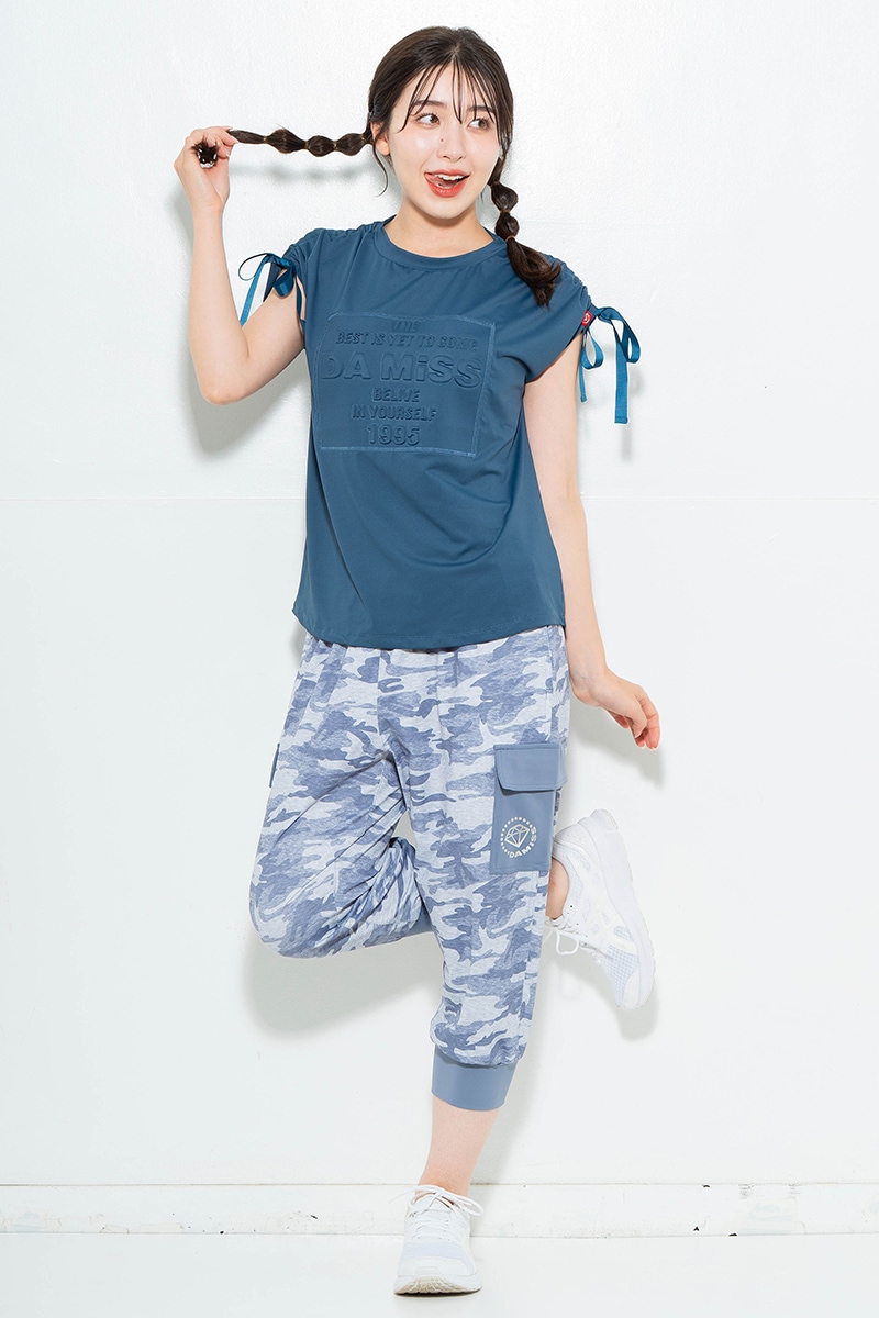 シャーリングリボンエンボスTシャツ チャコールブルー 1634-1476