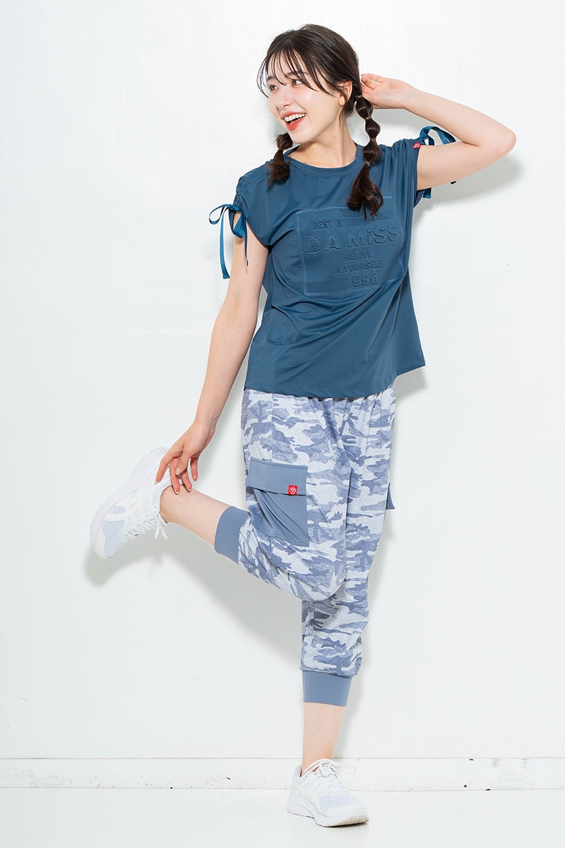 シャーリングリボンエンボスTシャツ チャコールブルー 1634-1476