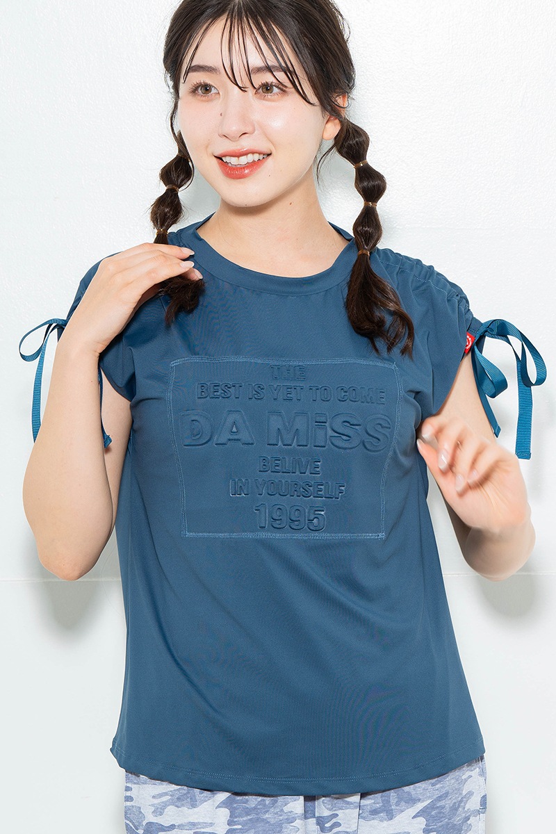 シャーリングリボンエンボスTシャツ チャコールブルー 1634-1476