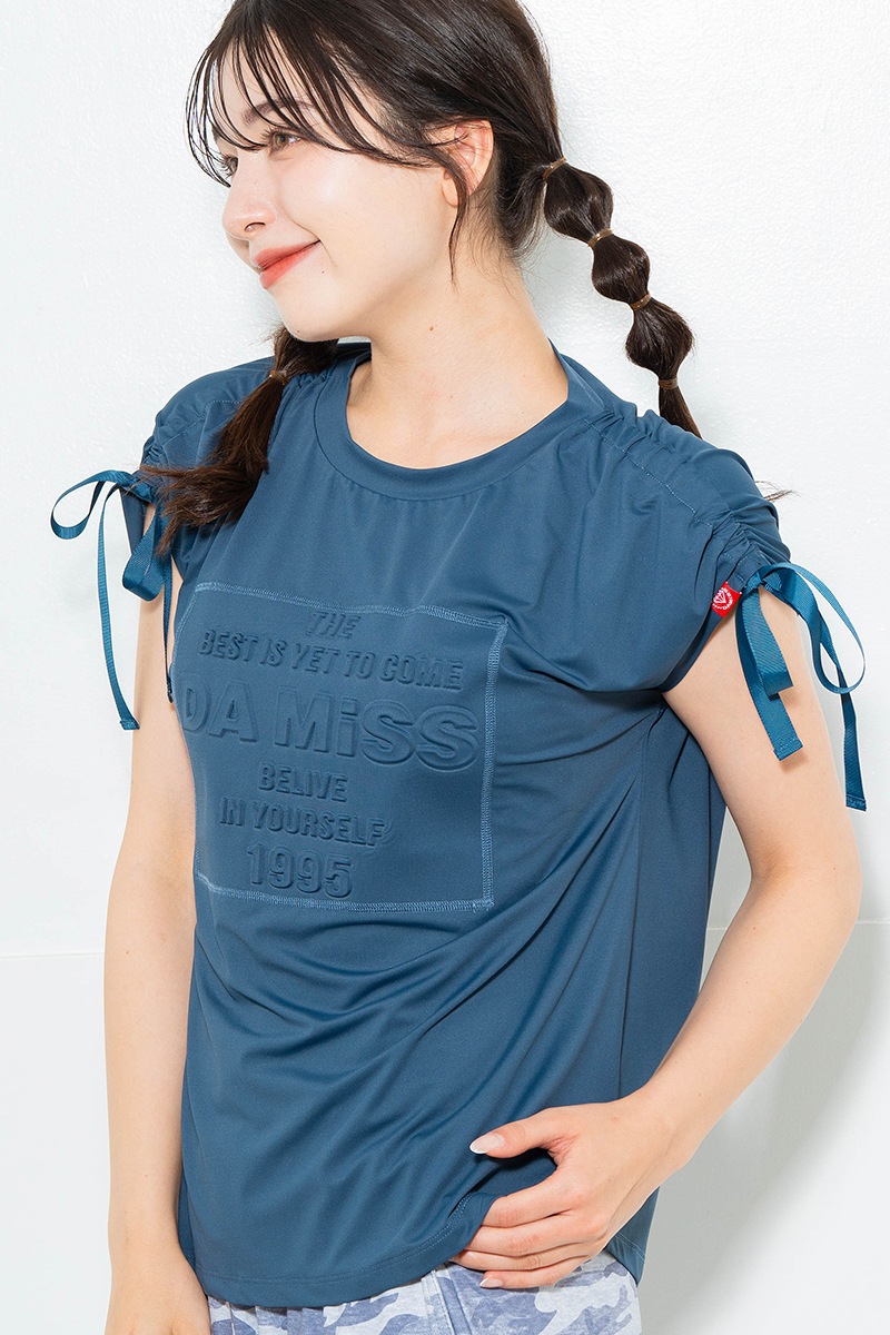 シャーリングリボンエンボスTシャツ チャコールブルー 1634-1476