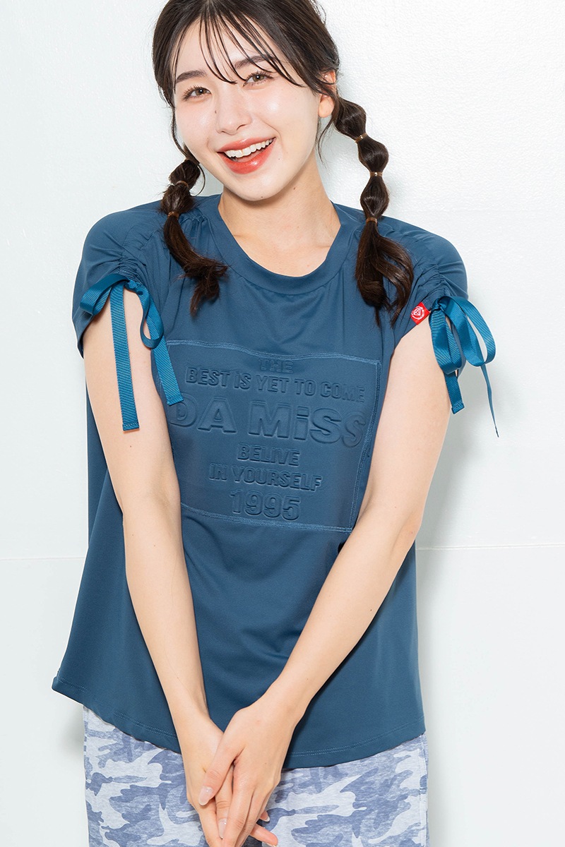シャーリングリボンエンボスTシャツ チャコールブルー 1634-1476