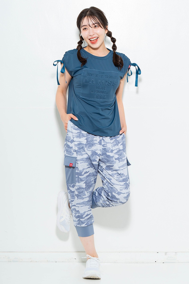 シャーリングリボンエンボスTシャツ チャコールブルー 1634-1476