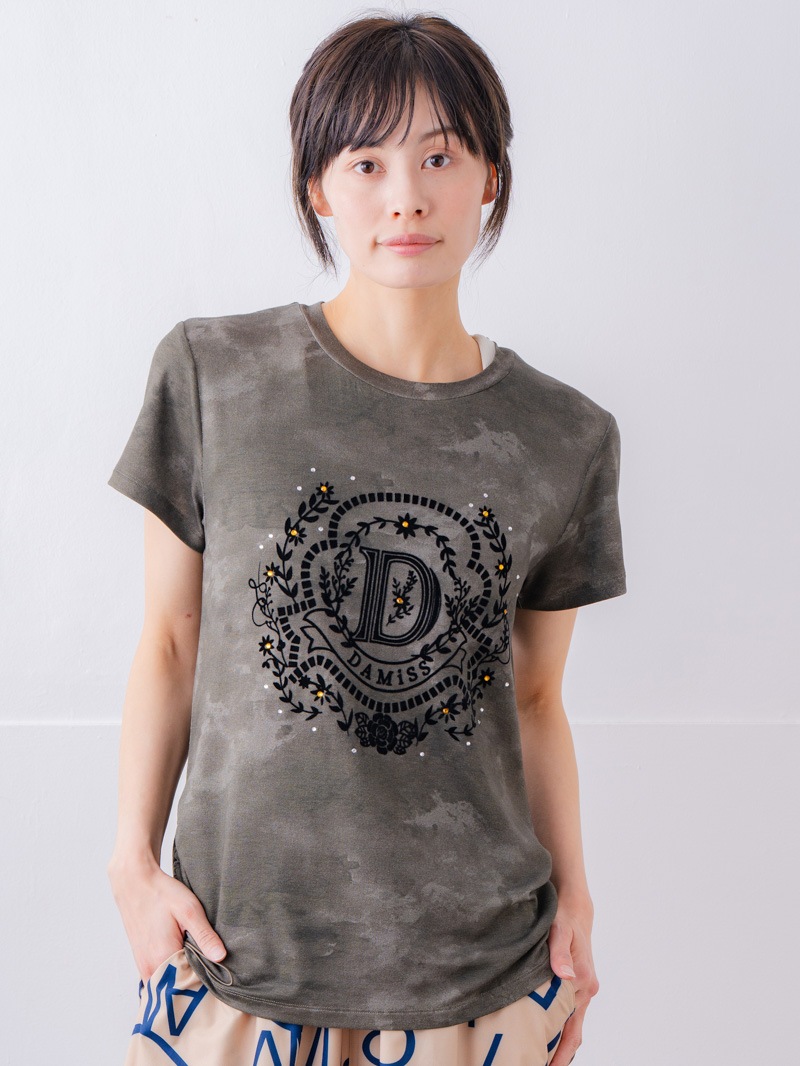 フロッキープリント Tシャツ カーキ 1534-1457