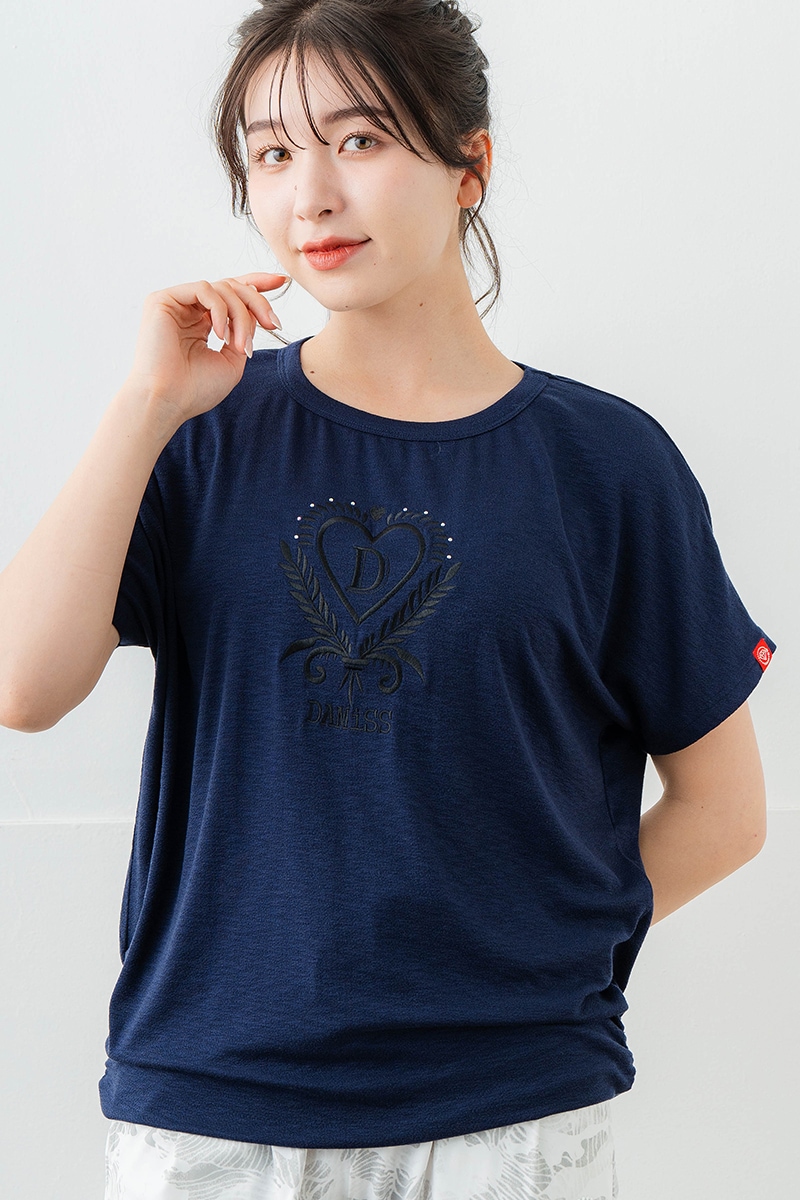 刺繍モチーフリヨセルTシャツ ネイビ 　5634-1629