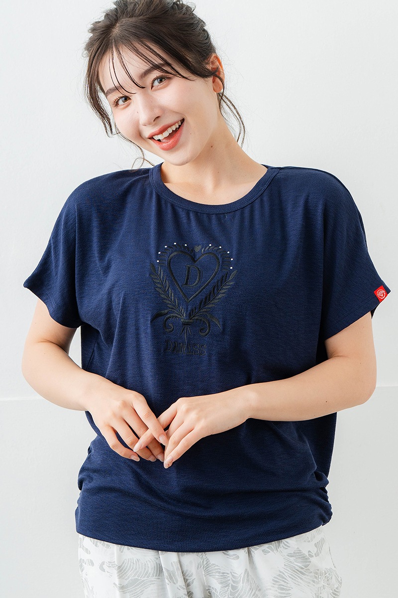 刺繍モチーフリヨセルTシャツ ネイビ 　5634-1629