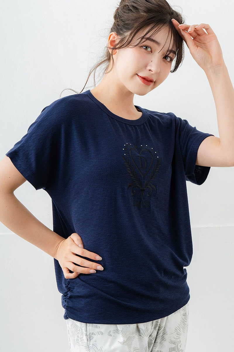 刺繍モチーフリヨセルTシャツ ネイビ 　5634-1629